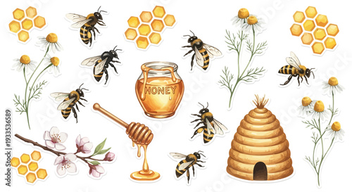 Watercolor illustration of bees honey jar flowers and beehive isolated