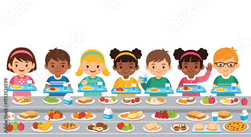 Seven diverse children are happily seated side-by-side at a long table, each holding a blue food tray, with many additional food options displayed on a white background.