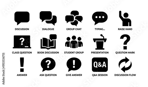 Communication icons set: discussion, dialogue, question, presentation, answer symbols