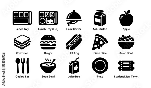 School lunch icons: tray, milk, apple, sandwich, burger, hot dog, pizza, salad