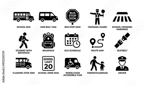 School transportation and safety icons with signs, schedules, and accessibility