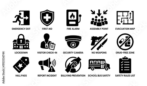 Essential safety and security icons for schools and offices