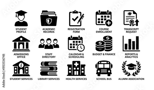 Educational services icons: student profile, enrollment, health, alumni, finance