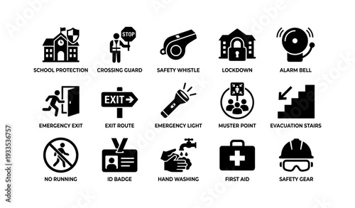 Safety icons: school, exit, emergency, first aid, alarm, whistle, lockdown