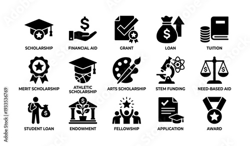 Scholarship and financial aid icons set including grants and loans