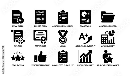 Educational achievement icons: report, evaluation, diploma, performance, progress