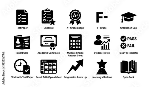 Educational icons set: test papers, grades, graduation cap, and learning tools