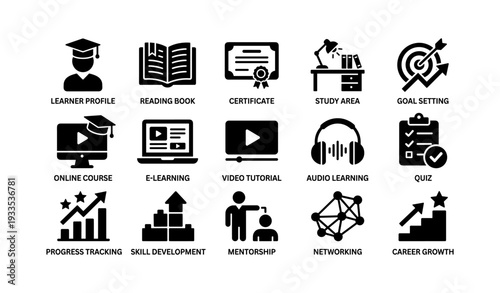 Education icons: learning, skill development, mentorship, goal setting, career growth