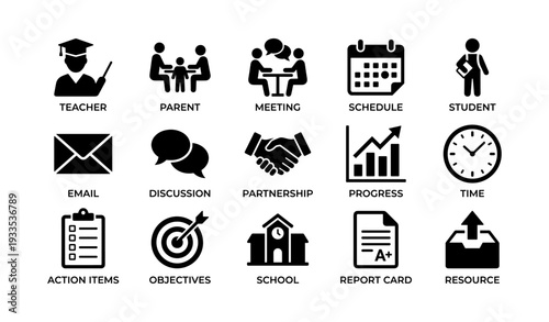 Education icons: teacher, student, schedule, meeting, school resources collection