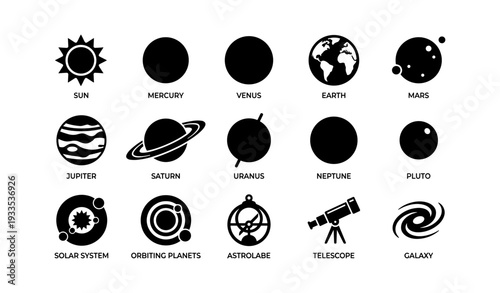 Planetary icons and symbols representing the solar system and astronomical objects