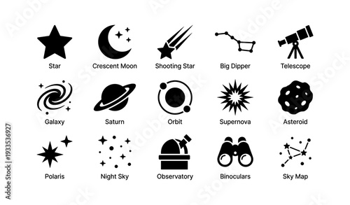 Astronomy icon set featuring stars, planets, telescopes, and constellations