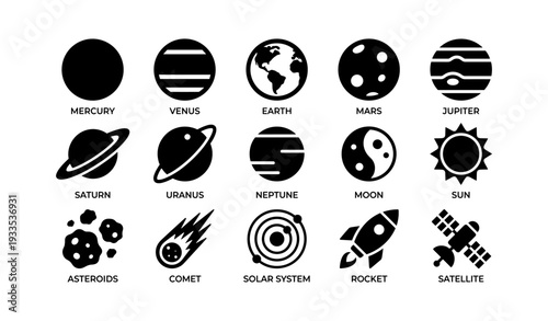 Set of planetary icons: solar system, planets, sun, moon, asteroids, comet, rocket, satellite