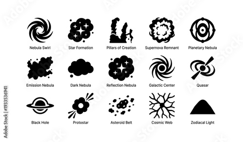 Collection of cosmic phenomena icons: nebula, black hole, quasar, asteroid belt, cosmic web