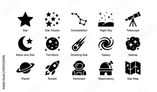 Space icons: stars, planets, telescope, rocket, astronaut, galaxy, constellation