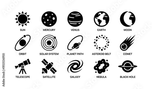 Astronomy icons: sun, planets, moon, telescopic elements, galaxy, nebula