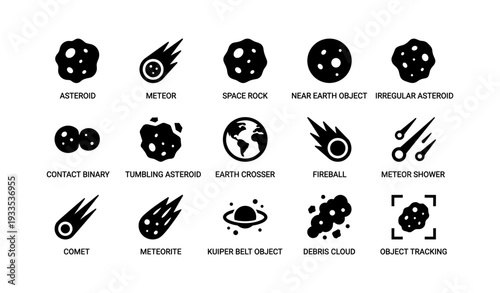Asteroid and meteor icon set depicting celestial bodies and space events