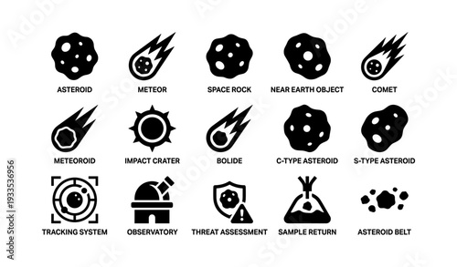 Asteroid and meteor icon set featuring space objects and tracking systems