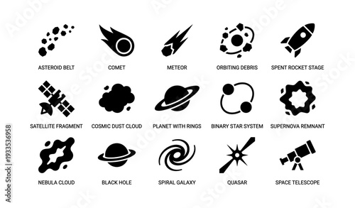 Astronomy icons collection: asteroid, comet, meteor, planet, telescope, quasar, black hole