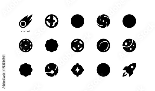 Set of 16 unique space and planet icons in black and white
