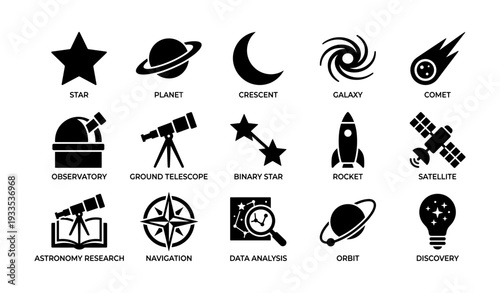 Space exploration icons: star, telescope, rocket, galaxy, satellite