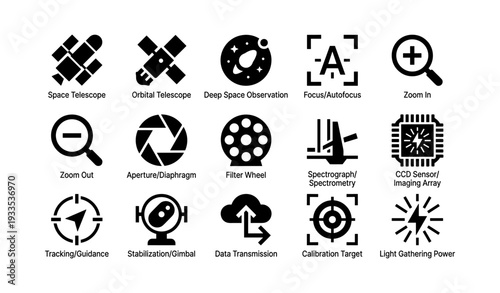 Astronomy icons: telescope, space, observation, focus, sensor, transmission