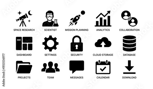 Space research and technology icons: scientist, analytics, security, cloud storage, collaboration