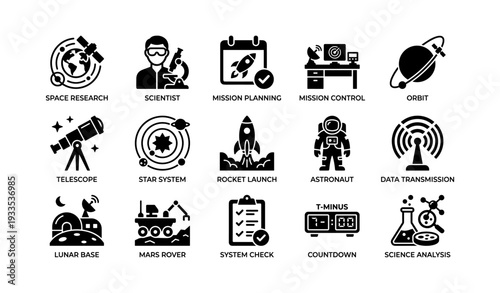 Space mission icons: scientist, rocket, astronaut, telescope, mars rover, lunar base