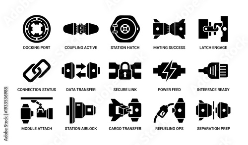 Black simple space station symbols for interface and communication operations