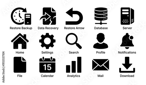 Technology icons set: restore, data, backup, profile, notifications, mail, analytics