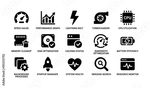 Speed gauge icons for system optimization and performance monitoring