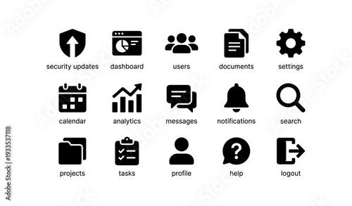 Essential user interface icons: security, dashboard, users, documents, settings