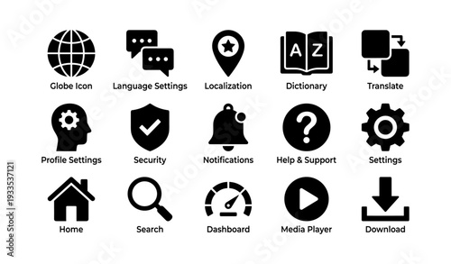Set of 15 black communication and utility icons for apps and websites