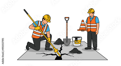 Two uniformed construction workers are actively repairing a significant crack in a light gray paved surface with shovels and asphalt.