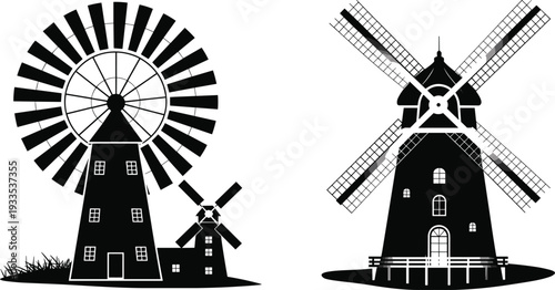 Black and white windmill silhouettes featuring traditional European countryside mills, isolated vector illustration with detailed blades, rural landscape design elements on light background
