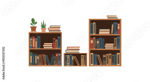 Three different sized wooden bookshelves, brimming with various colorful books and two small potted plants, are arranged on a white background.
