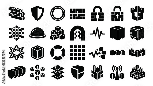 Black Security Icons Set on White Background, Cybersecurity Symbols Collection, Isolated Flat Design