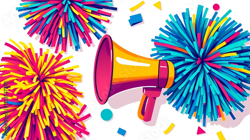 Vibrant vector pom poms and megaphone on white background, colorful, game day