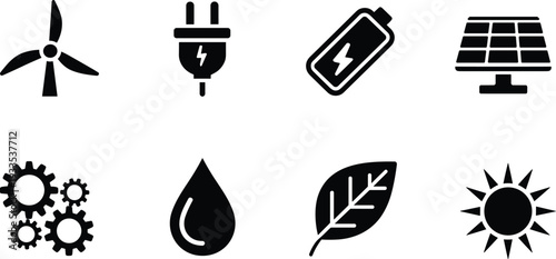 Renewable energy icon set featuring wind turbine solar panel battery plug water drop leaf sun and gears in clean sustainable eco design