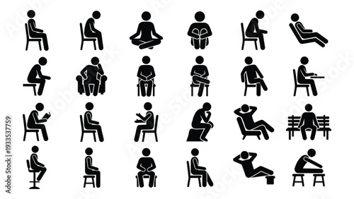 Person Sitting in Chair Various Poses Silhouette Isolated on White