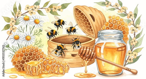 Watercolor illustration of bees honeycomb honey and flowers