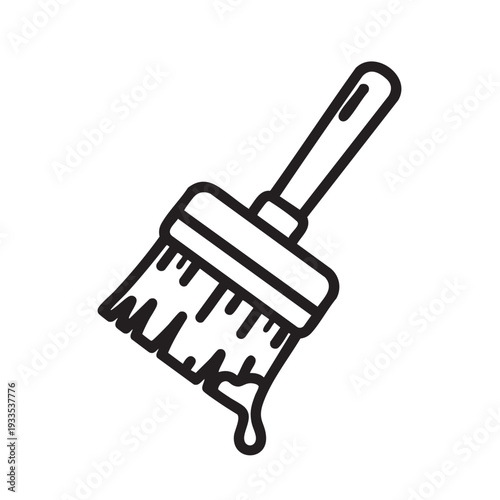 A paintbrush with dripping paint, viewed from a slight angle, showcasing the bristles and handle in a simple illustration style