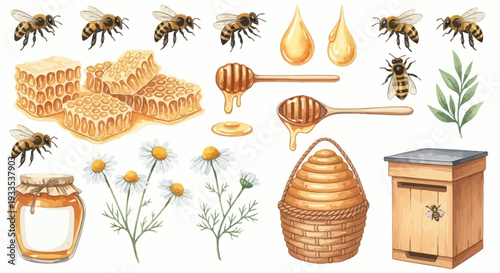 Watercolor illustration of bees honeycomb honey dipper honey jar and beehive