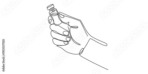 Line drawing illustration of a hand holding a small medical vial or bottle with a cap. Vector, illustration