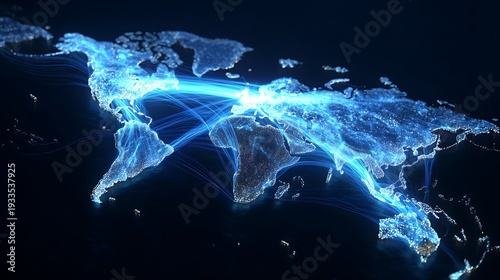 Global shipping routes, verifiable via blockchain, display glowing data lines on the ocean surface.