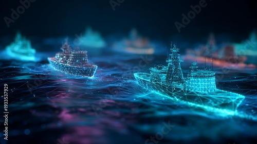 blockchain vessel tracking system, glowing ship IDs moving across digital ocean map, futuristic maritime monitoring network