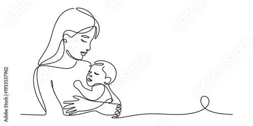 A minimalist continuous line drawing of a mother tenderly holding her sleeping baby in her arms. Vector, illustration