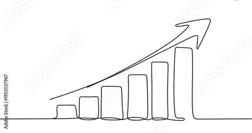 Continuous line drawing of a rising bar chart with an upward arrow showing growth and success. Vector, illustration