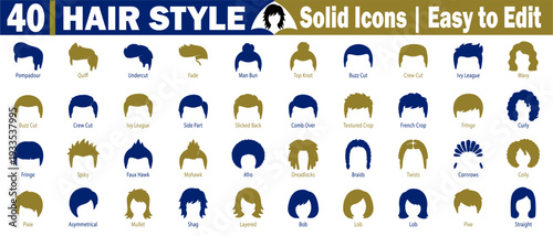 Hair style solid icons. Collection for men and women, including pompadour quiff undercut fade man bun top knot buzz cut crew cut ivy league wavy curly hair types vector illustration.