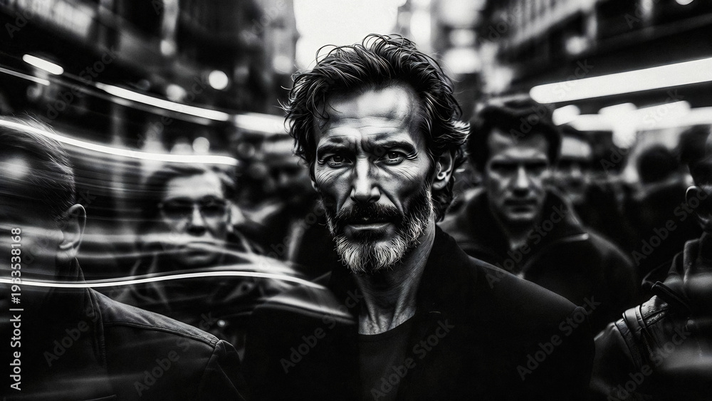 Fototapeta premium A man stares intensely amidst blurred city lights. He appears weathered, with a grizzled beard and dark eyes. Motion blurs the background.