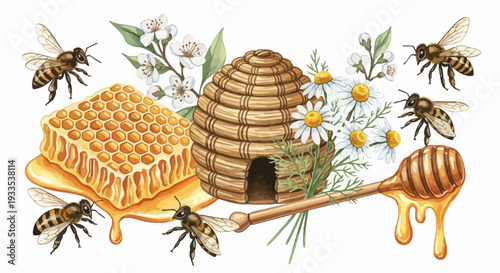 Watercolor illustration of bees honeycomb honey hive and flowers